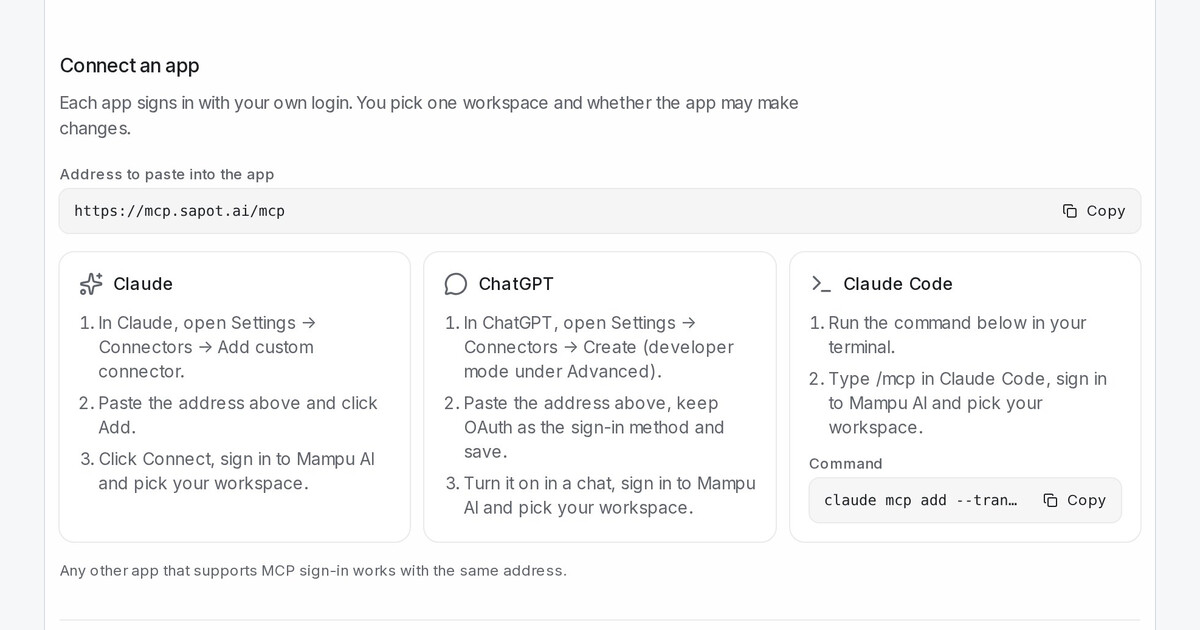 Connect your own Claude or ChatGPT to your workspace