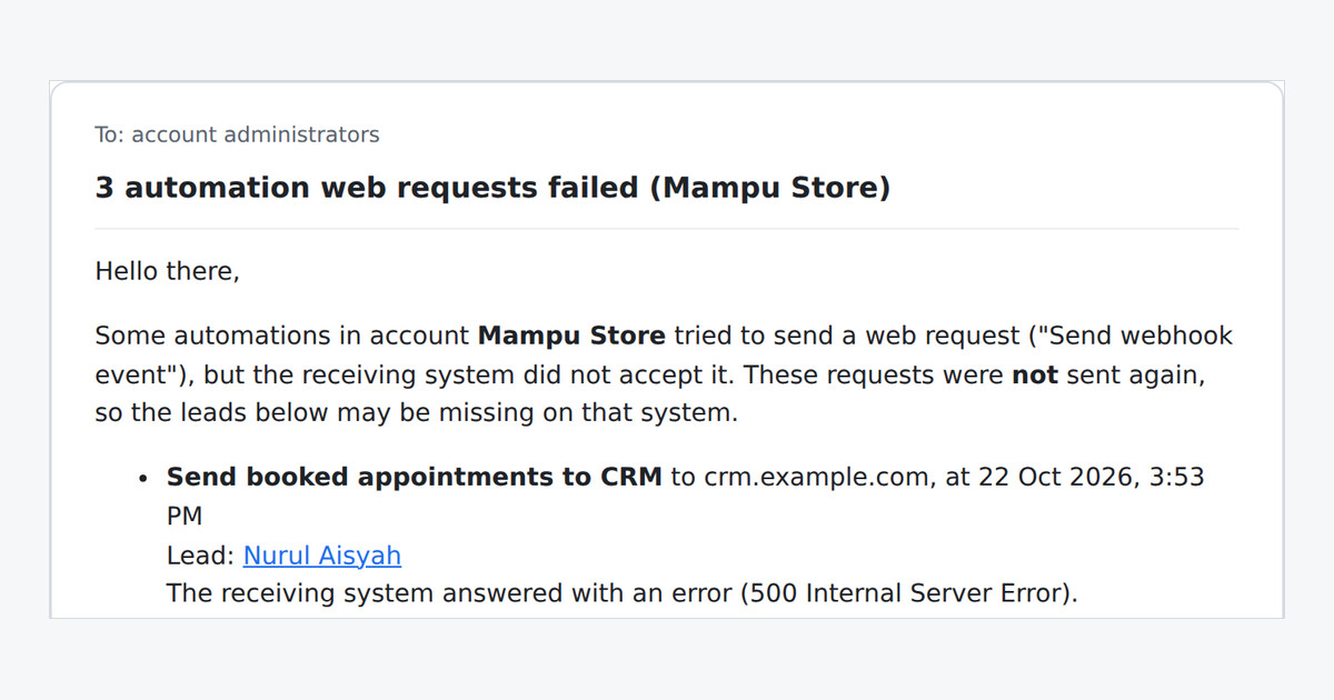 Terima e-mel apabila permintaan web automasi gagal