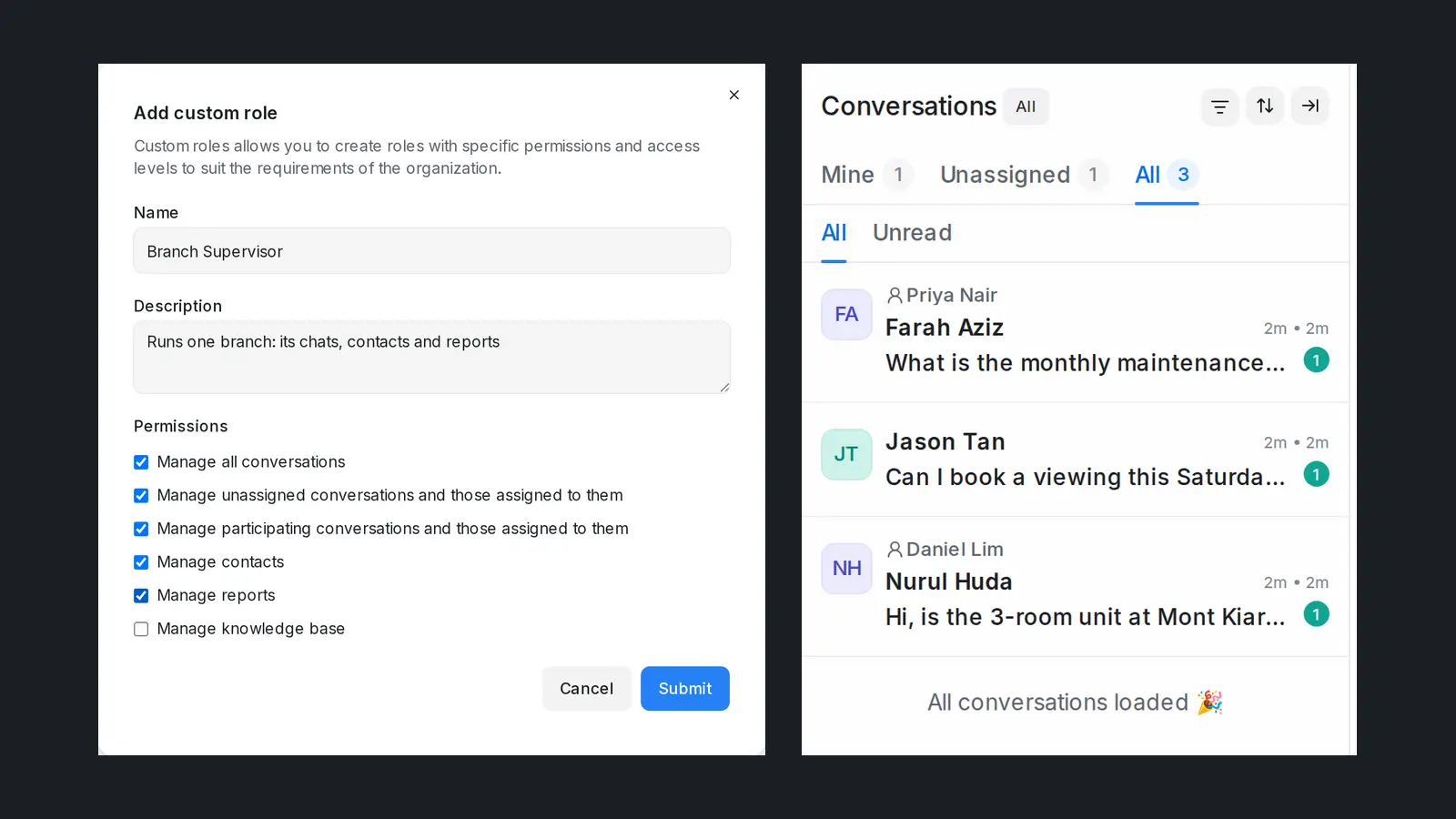 Add custom role 对话框里勾选了会话、联系人和报告权限,旁边是主管的会话列表,只显示一个收件箱