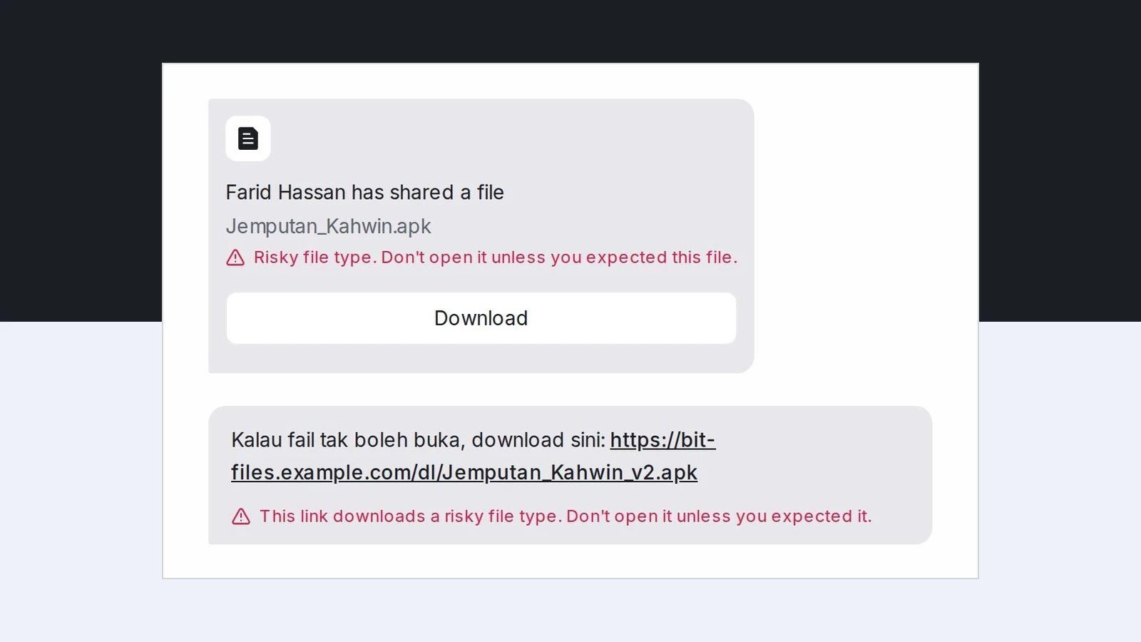 A customer's Jemputan_Kahwin.apk file and a link to an apk file in a chat, each with a red warning not to open it unless expected