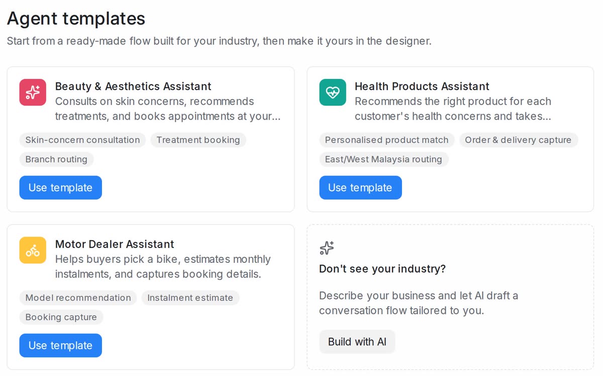 Mampu AI agent templates, ready-made assistants for different industries, each editable in the designer