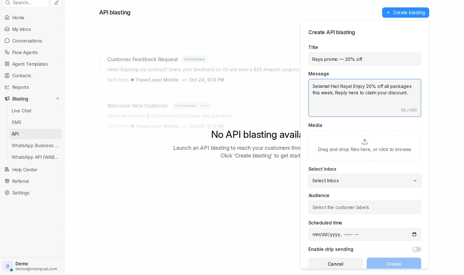 Mampu AI campaign composer, message, audience labels, scheduled time and drip sending