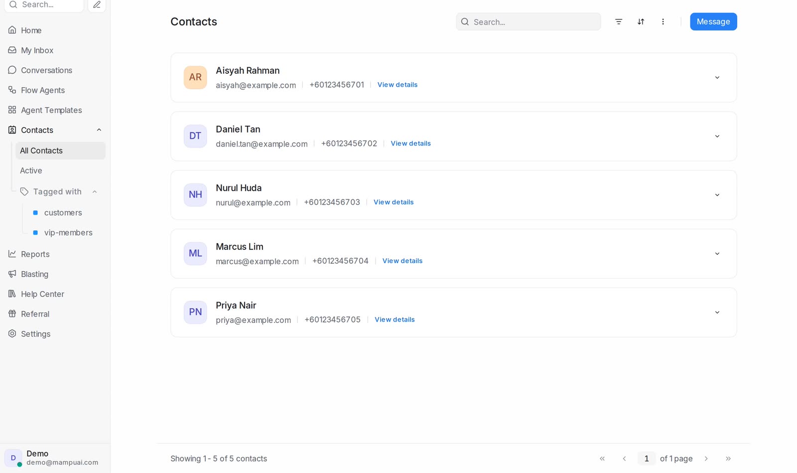Mampu AI contacts list, customer records with labels, attributes and filters