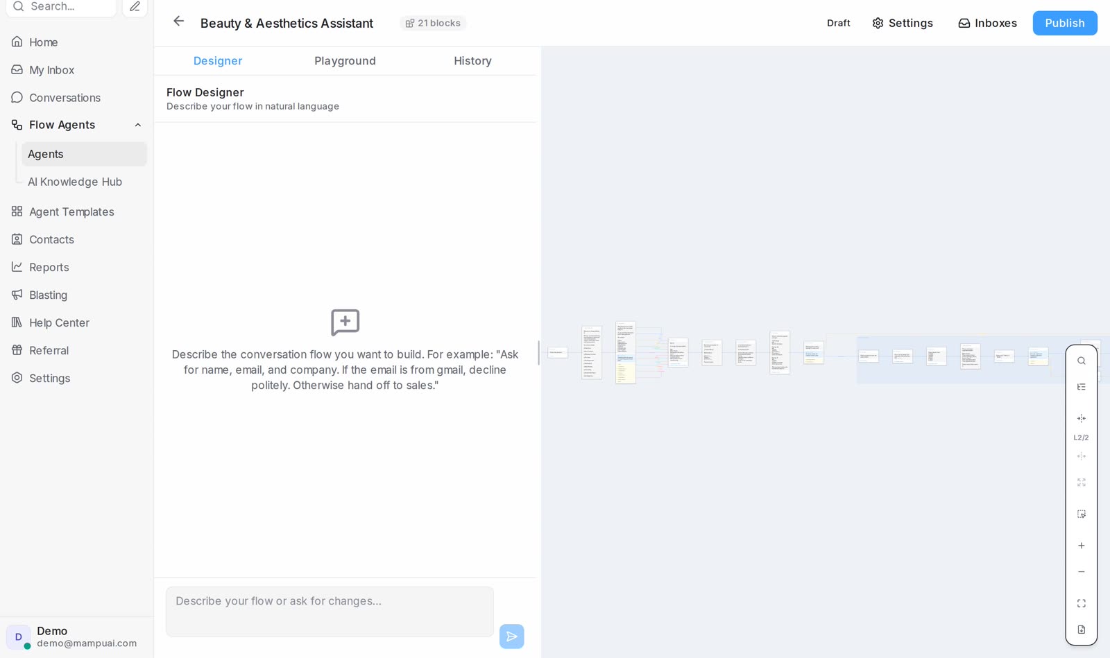 Mampu AI flow designer, a generated conversation flow on the canvas beside the prompt that built it