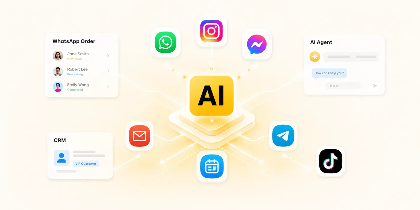 Mampu AI at the centre of WhatsApp, Instagram, Messenger, Telegram, TikTok, email and calendar, with an order list, a CRM record and an AI agent chat around it