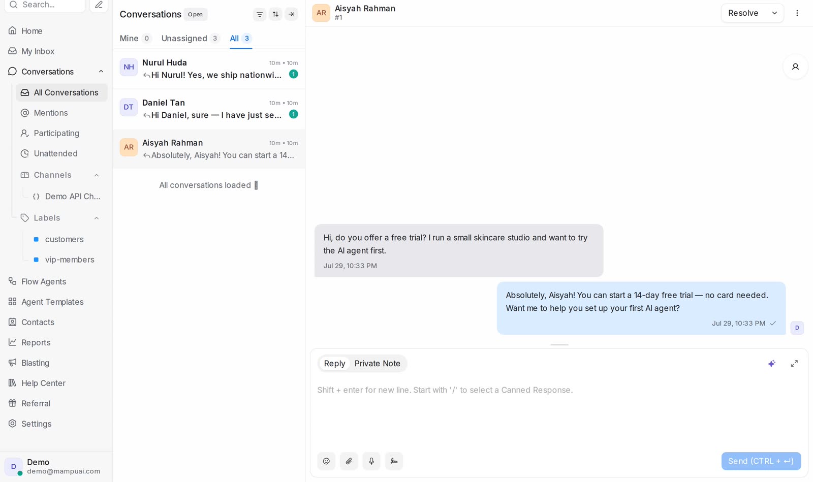 Mampu AI shared inbox, open conversations with assignment tabs, labels and a reply box